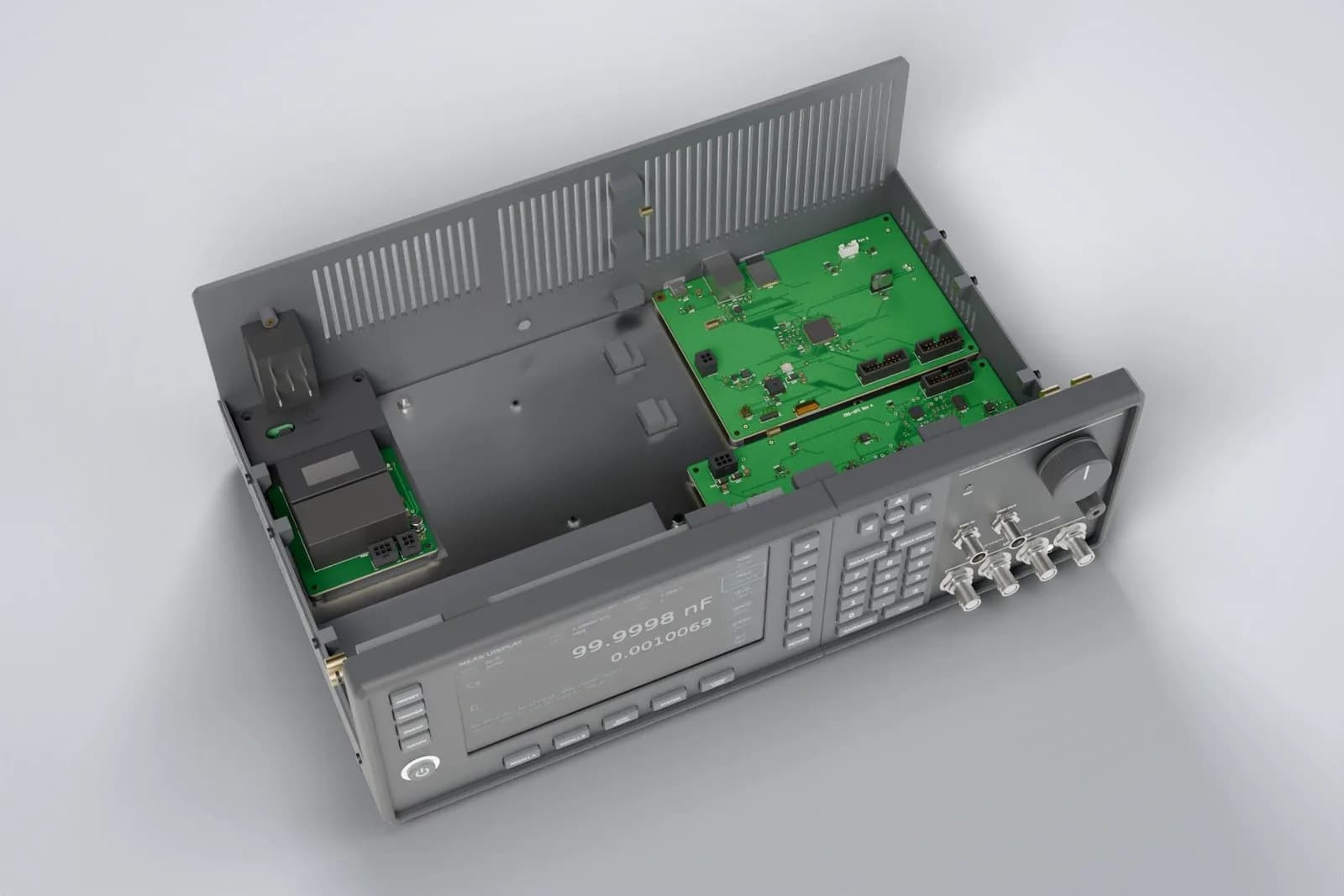 The ZA-1 impedance analyzer with its cover off, showing the circuit boards inside, rendered from its 3D model.